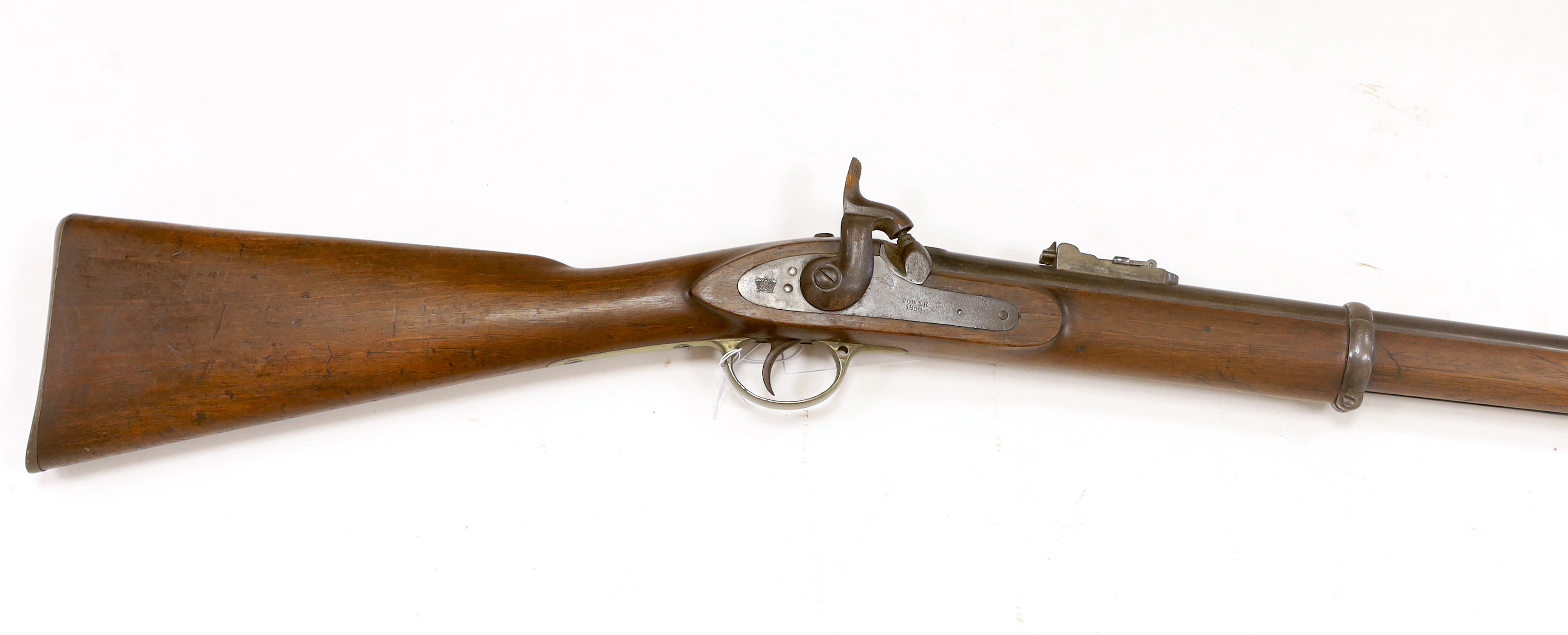 A .577 inch three band Enfield Military percussion rifle, lock stamped Tower 1868 with crown entail